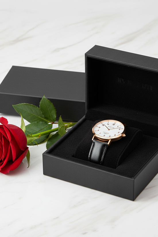 Watch in box with rose - side view