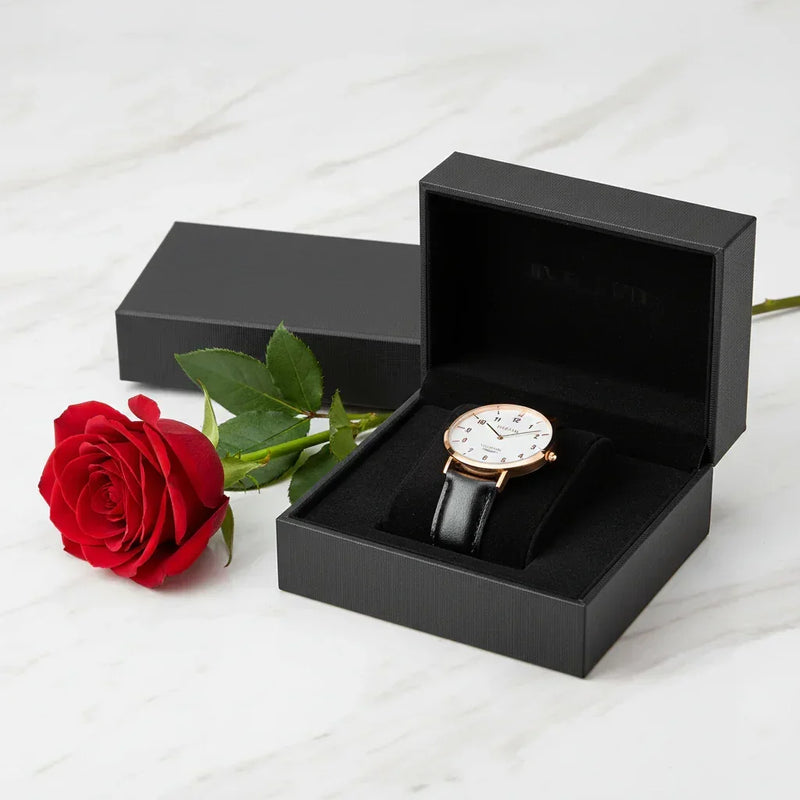 Watch in box with rose - side view