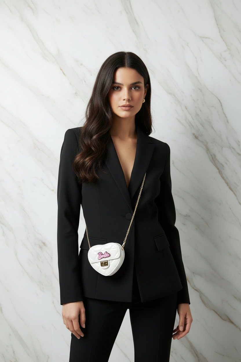 White bag - front pose black blazer