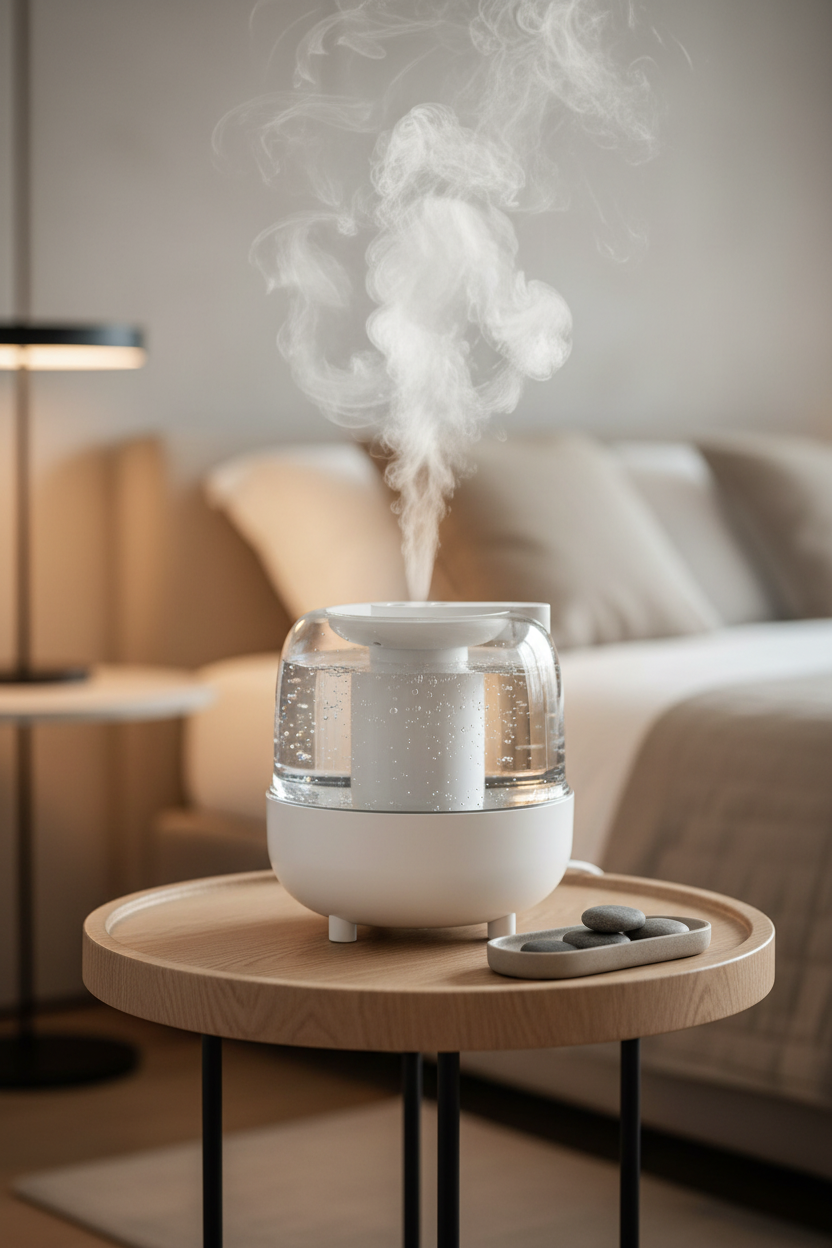 White Humidifier Close-Up - Bedroom