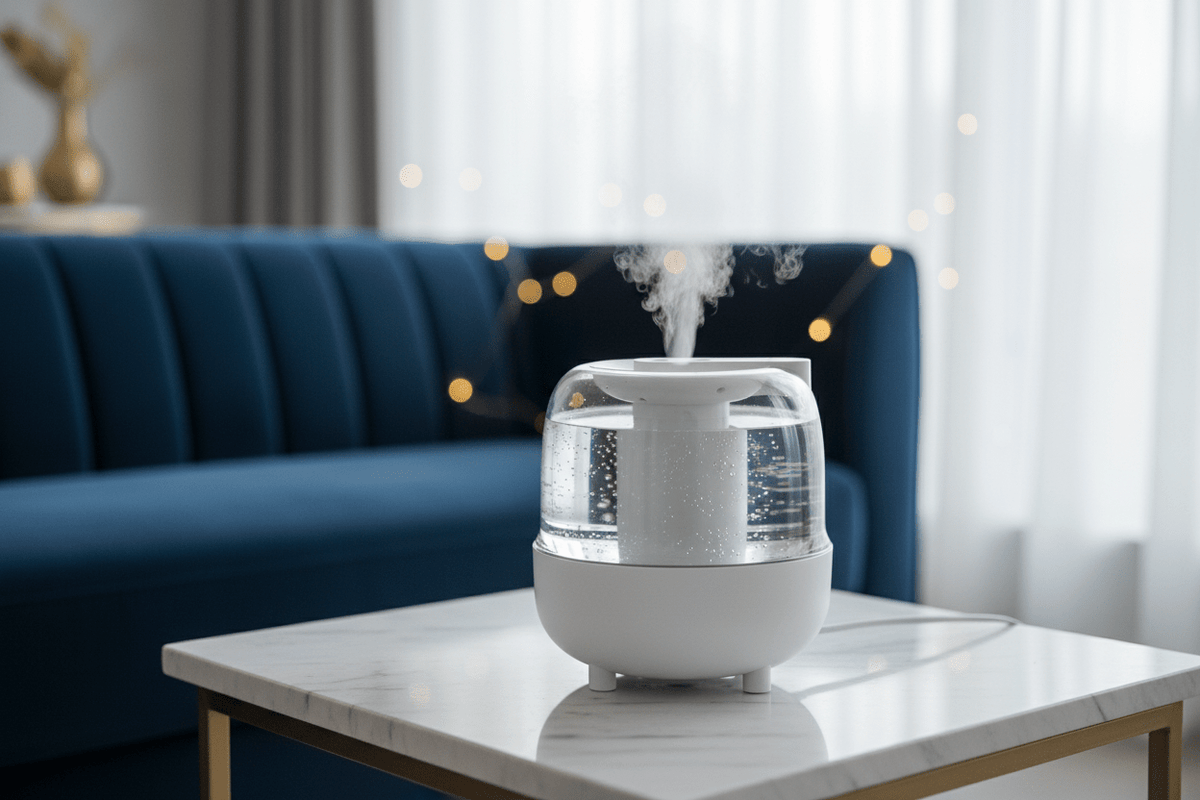 White Humidifier Close-Up - Living Room