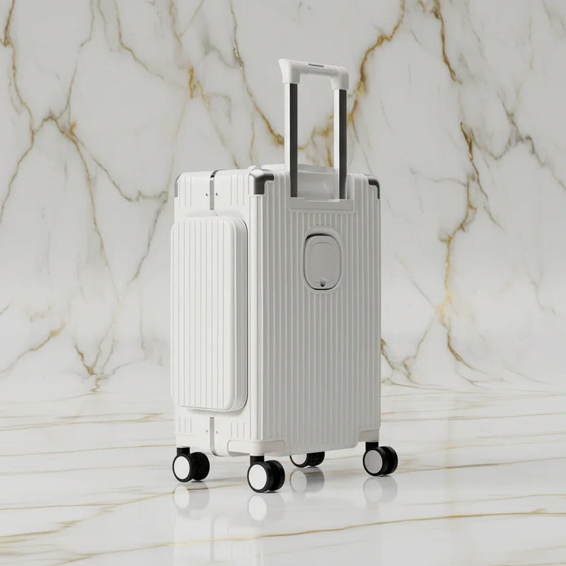 White luggage back three-quarter view