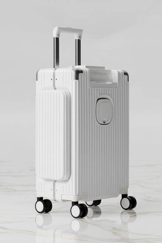 White luggage front three-quarter view
