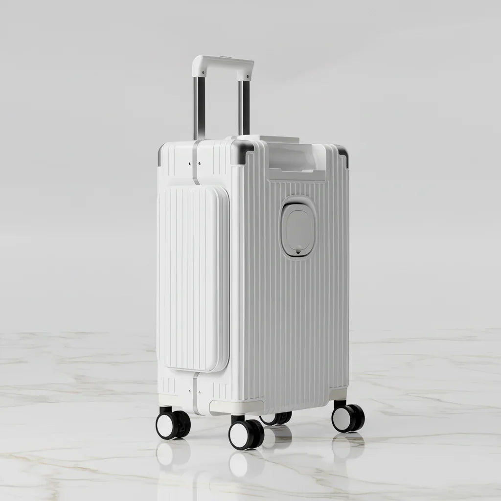 White luggage front three-quarter view
