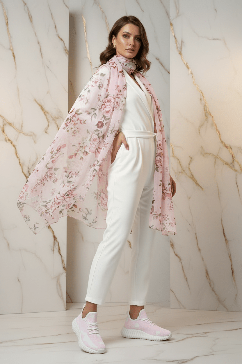 White Outfit with Pink Floral Scarf