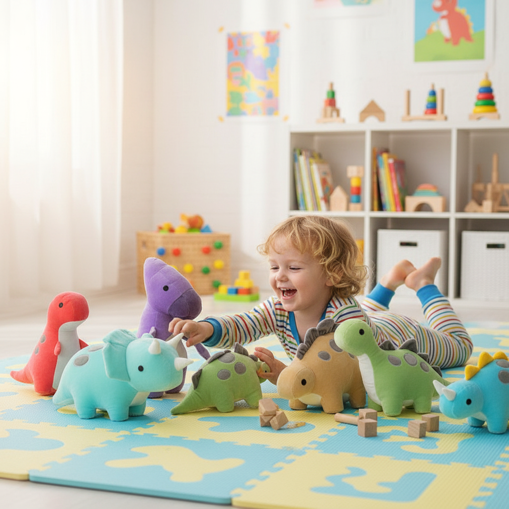 Wide angle child surrounded by plushes