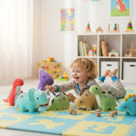 Wide angle child surrounded by plushes