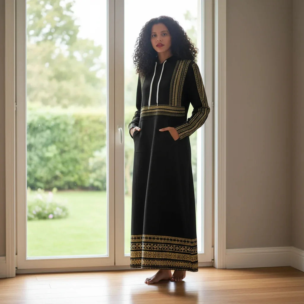 Woman in black and gold patterned dress stands barefoot by large window with garden view