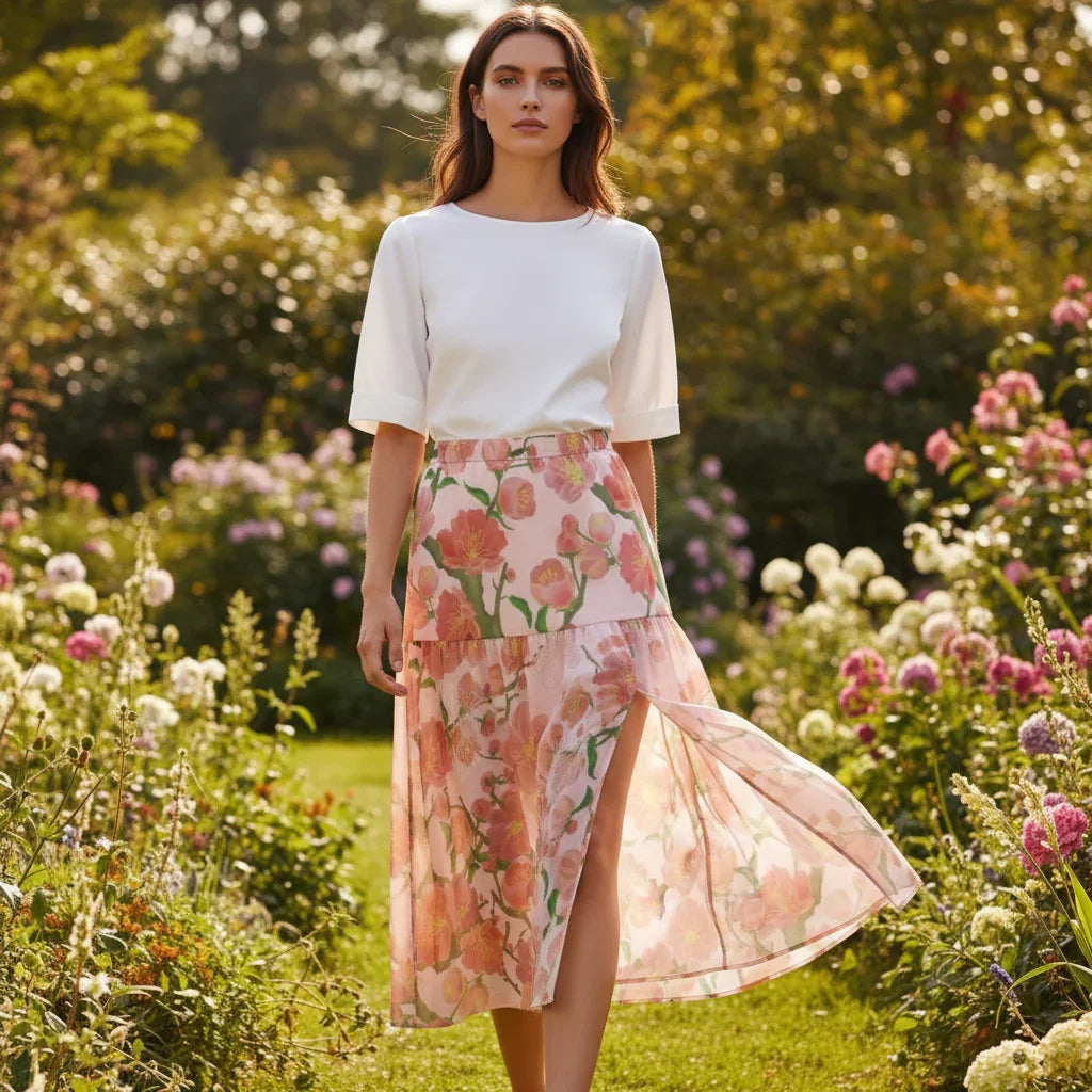 Woman in floral skirt and white top walking in blooming garden, stylish women's fashion at Ivorynn
