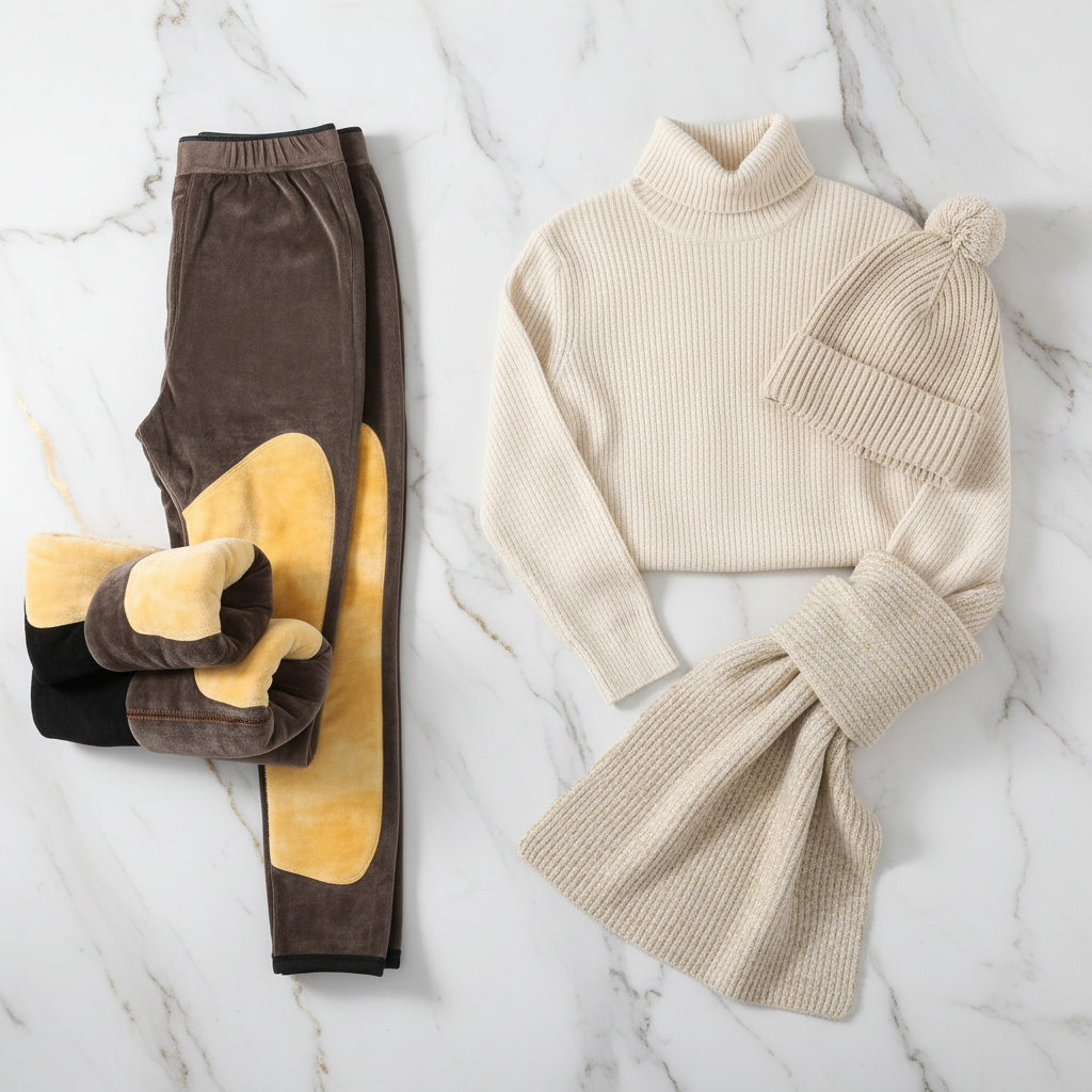Winter outfit flat lay with turtleneck, scarf, and hat
