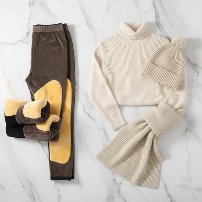 Winter outfit flat lay with turtleneck, scarf, and hat