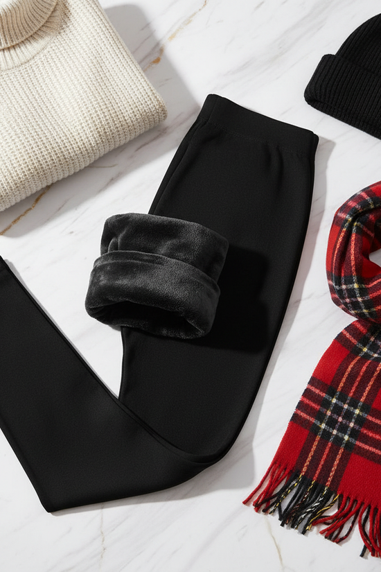Winter outfit flat lay with turtleneck, scarf, and hat