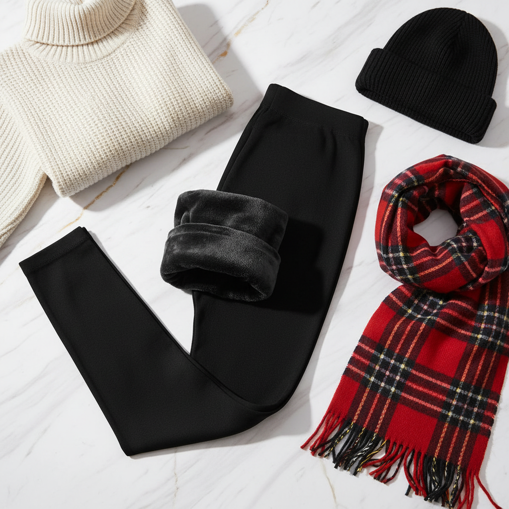 Winter outfit flat lay with turtleneck, scarf, and hat