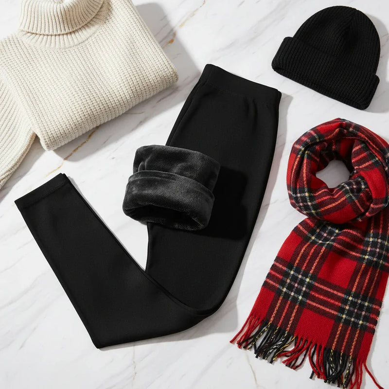 Winter outfit flat lay with turtleneck, scarf, and hat