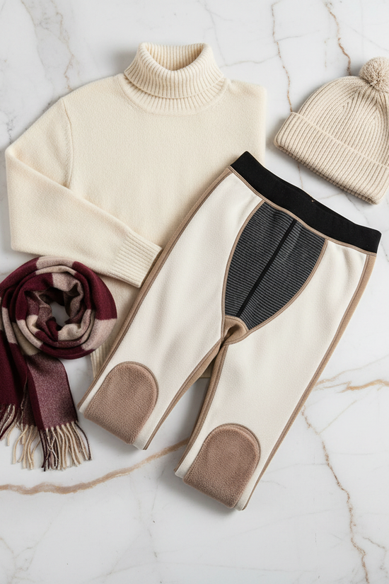 Winter outfit flat lay with turtleneck, scarf, and hat