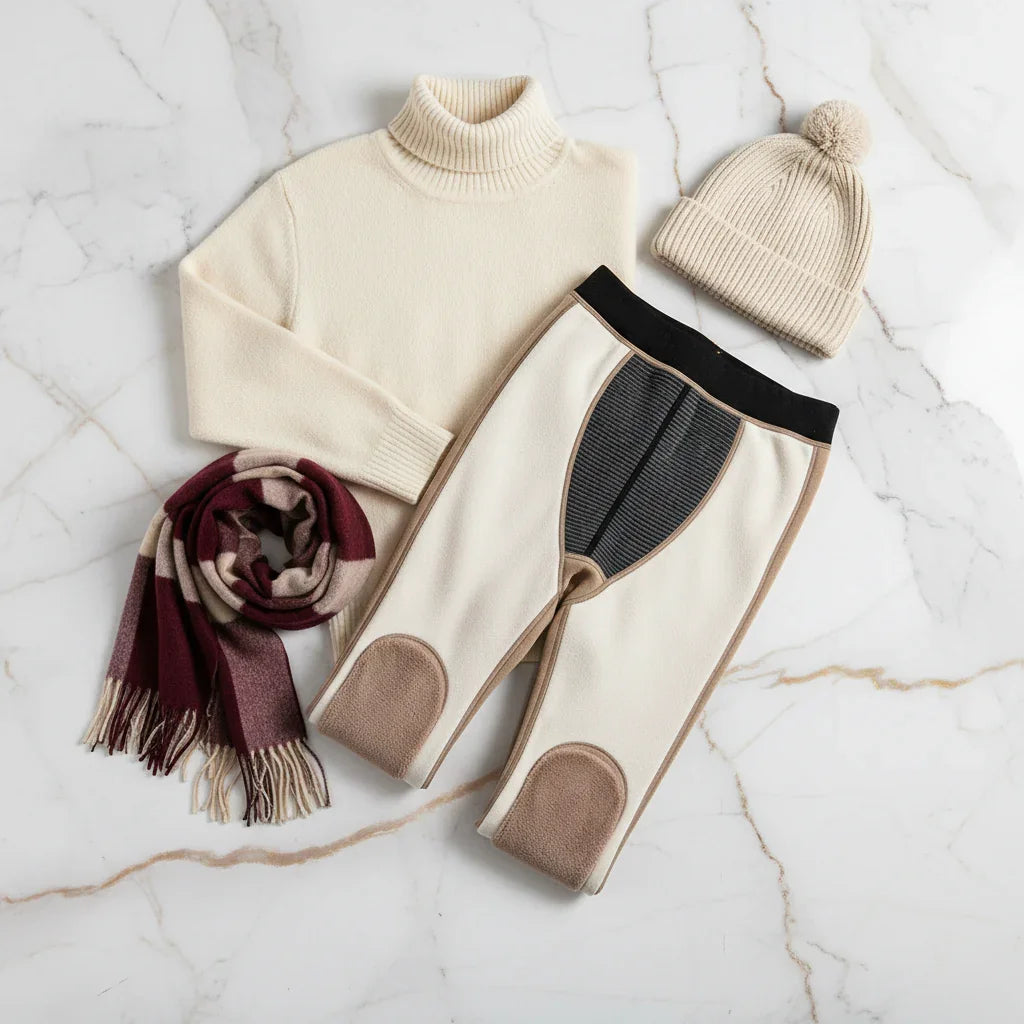 Winter outfit flat lay with turtleneck, scarf, and hat