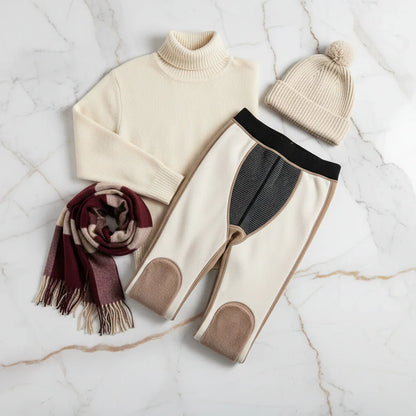 Winter outfit flat lay with turtleneck, scarf, and hat