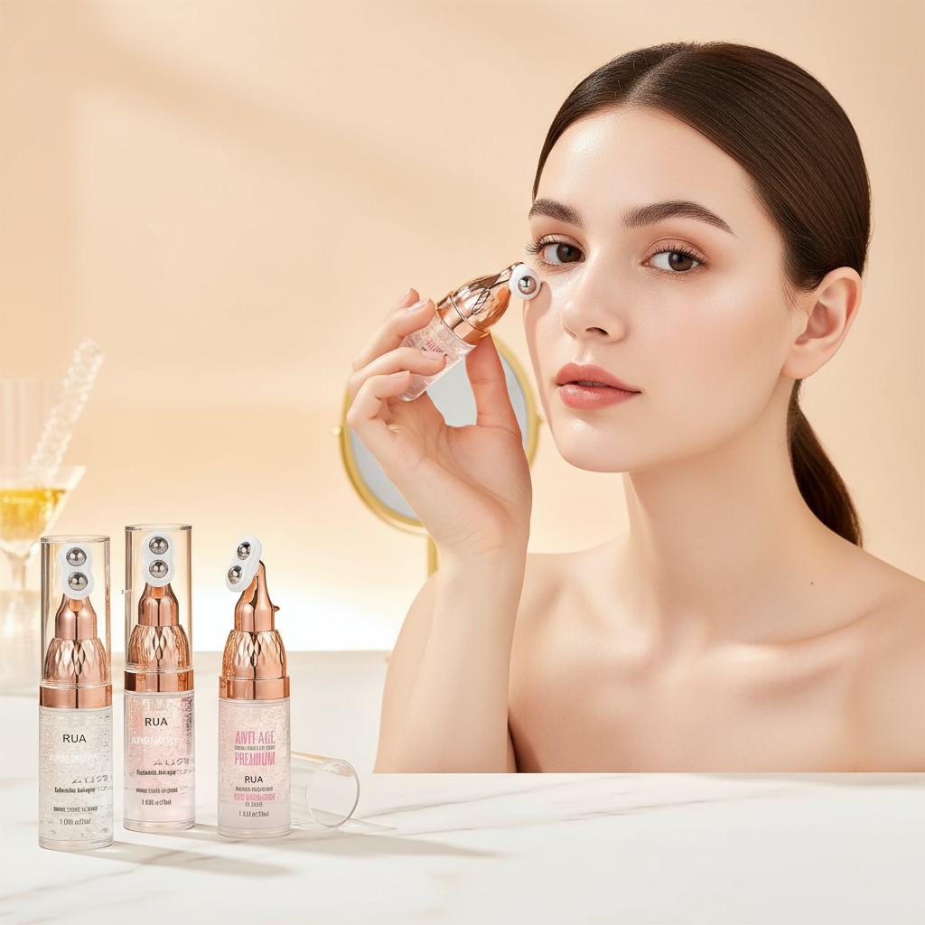 Woman applying eye cream with facial creams nearby