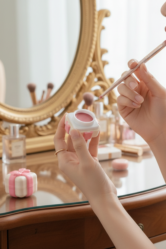Woman Applying Lip Gloss at Vanity
