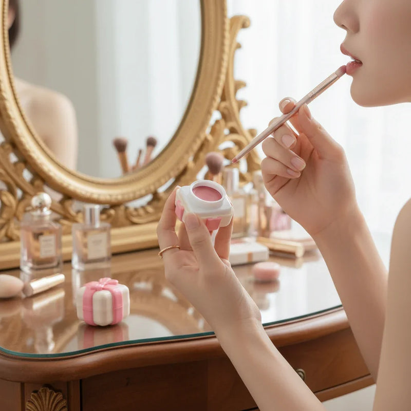 Woman Applying Lip Gloss at Vanity