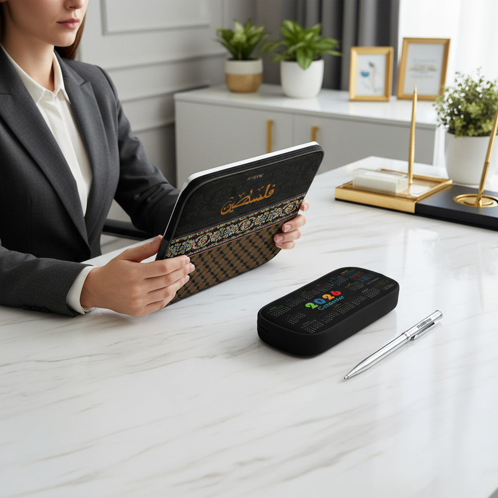 Woman at desk with tablet sleeve - overhead view