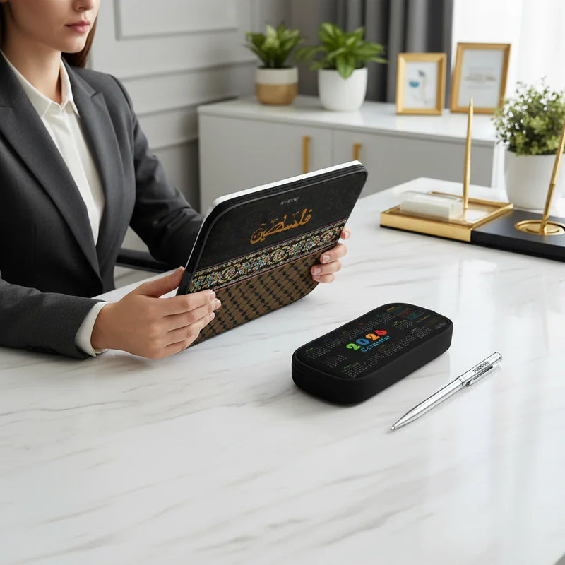 Woman at desk with tablet sleeve - overhead view