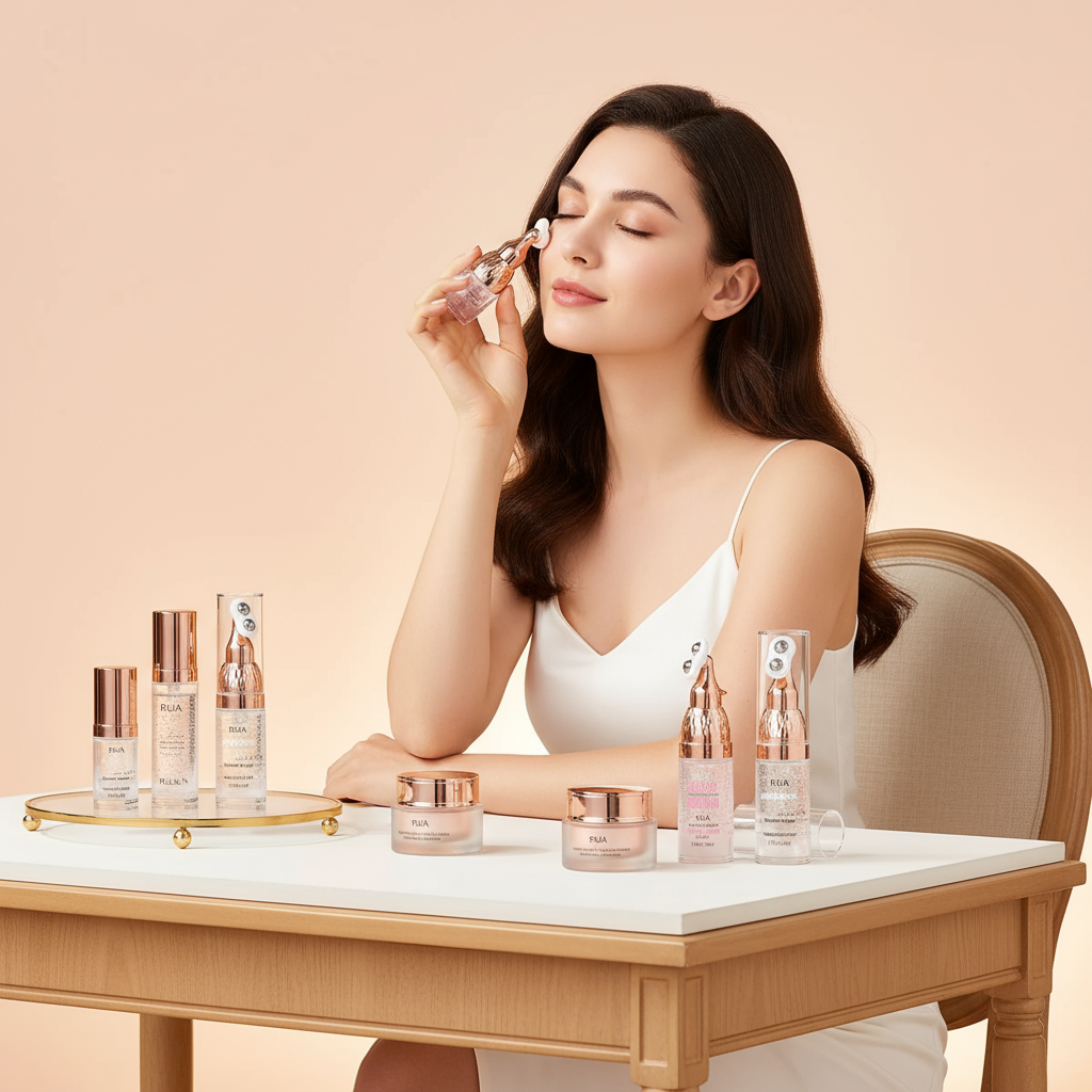 Woman at vanity with skincare collection