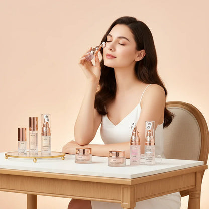 Woman at vanity with skincare collection