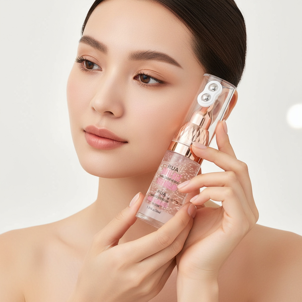 Woman displaying eye cream at eye level