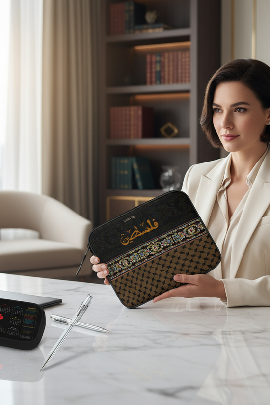 Woman displaying tablet sleeve in office - three-quarter view