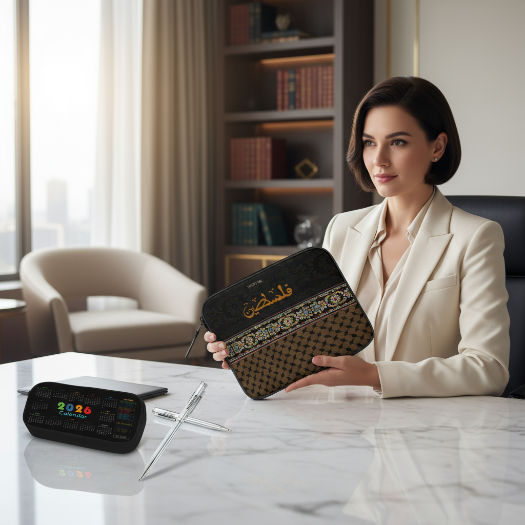 Woman displaying tablet sleeve in office - three-quarter view