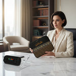 Woman displaying tablet sleeve in office - three-quarter view
