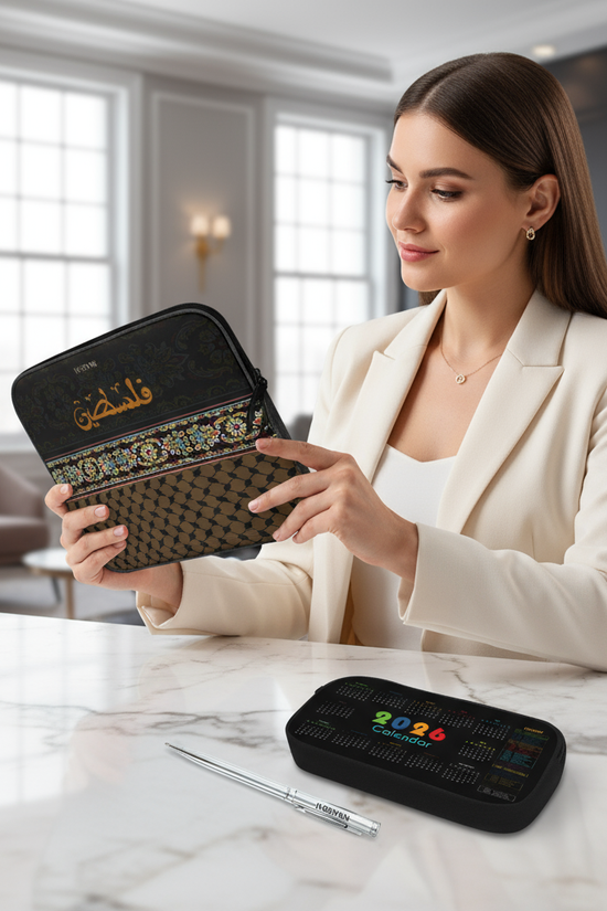 Woman examining tablet sleeve in office - angled view