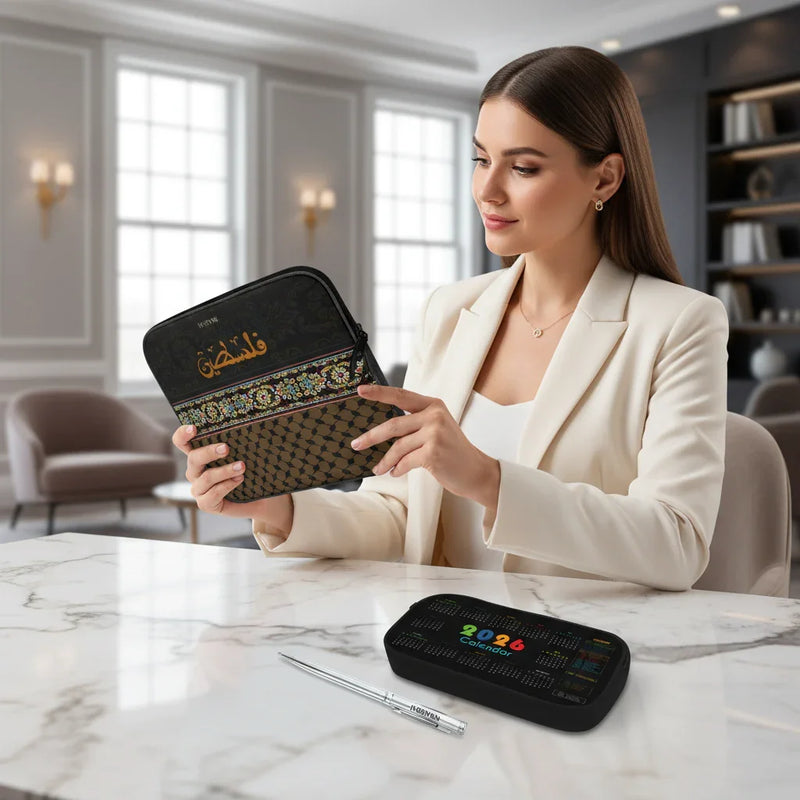 Woman examining tablet sleeve in office - angled view