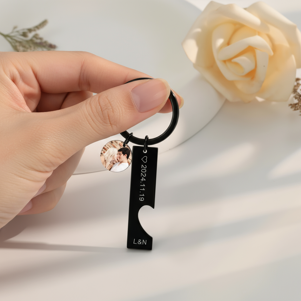 Woman holding black keychain