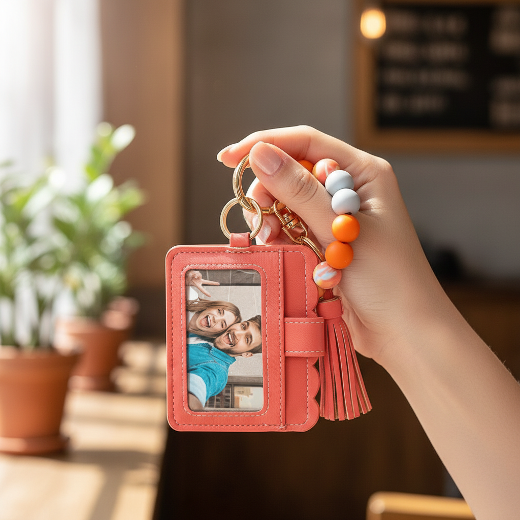 Woman holding coral ID badge holder