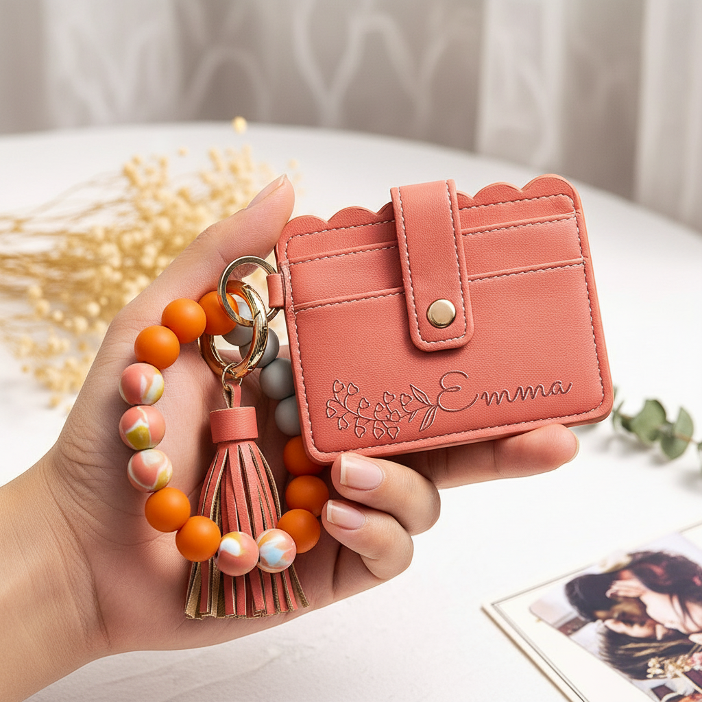 Woman holding coral wallet