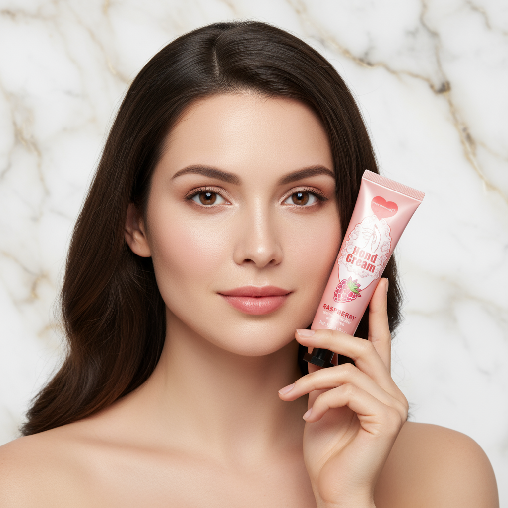 Woman Holding Cream to Cheek