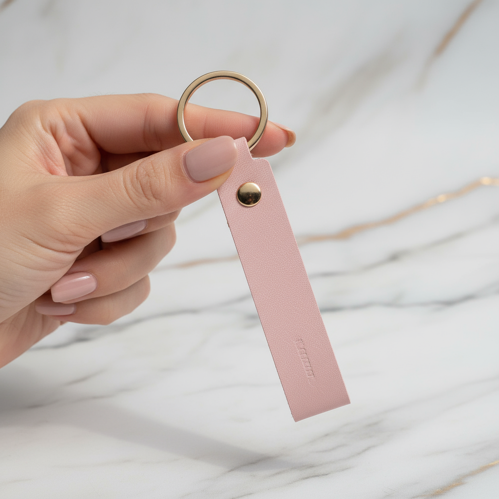 Woman holding keychain - back view