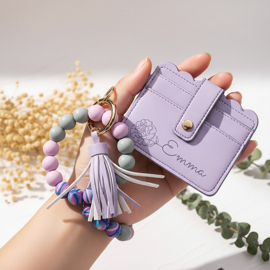 Woman holding lavender wallet