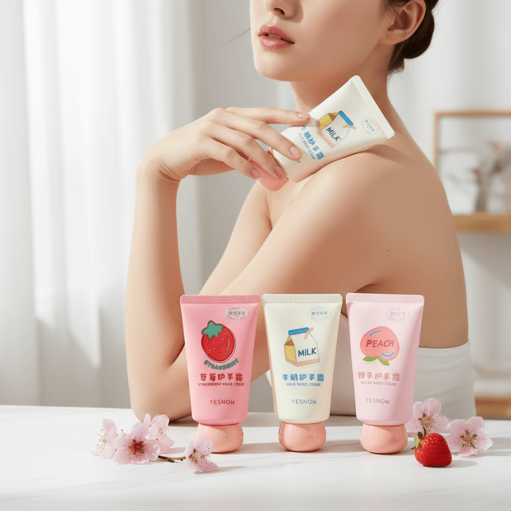 Fruit Fragrance Milky Hand Cream displayed with other fruit-themed hand creams for nourishing hydration.
