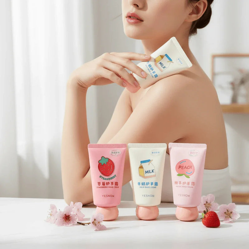 Fruit Fragrance Milky Hand Cream displayed with other fruit-themed hand creams for nourishing hydration.