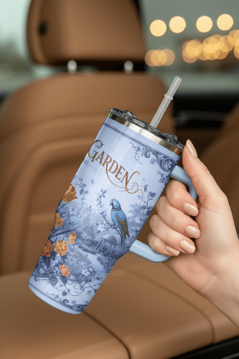 Woman holding mug in car