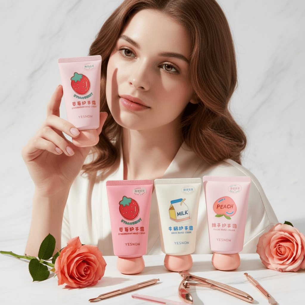 Fruit Fragrance Milky Hand Cream collection displayed by a model surrounded by roses and beauty tools