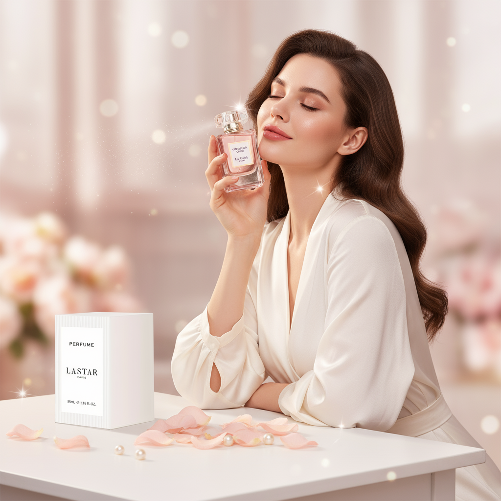 Woman holding perfume near face