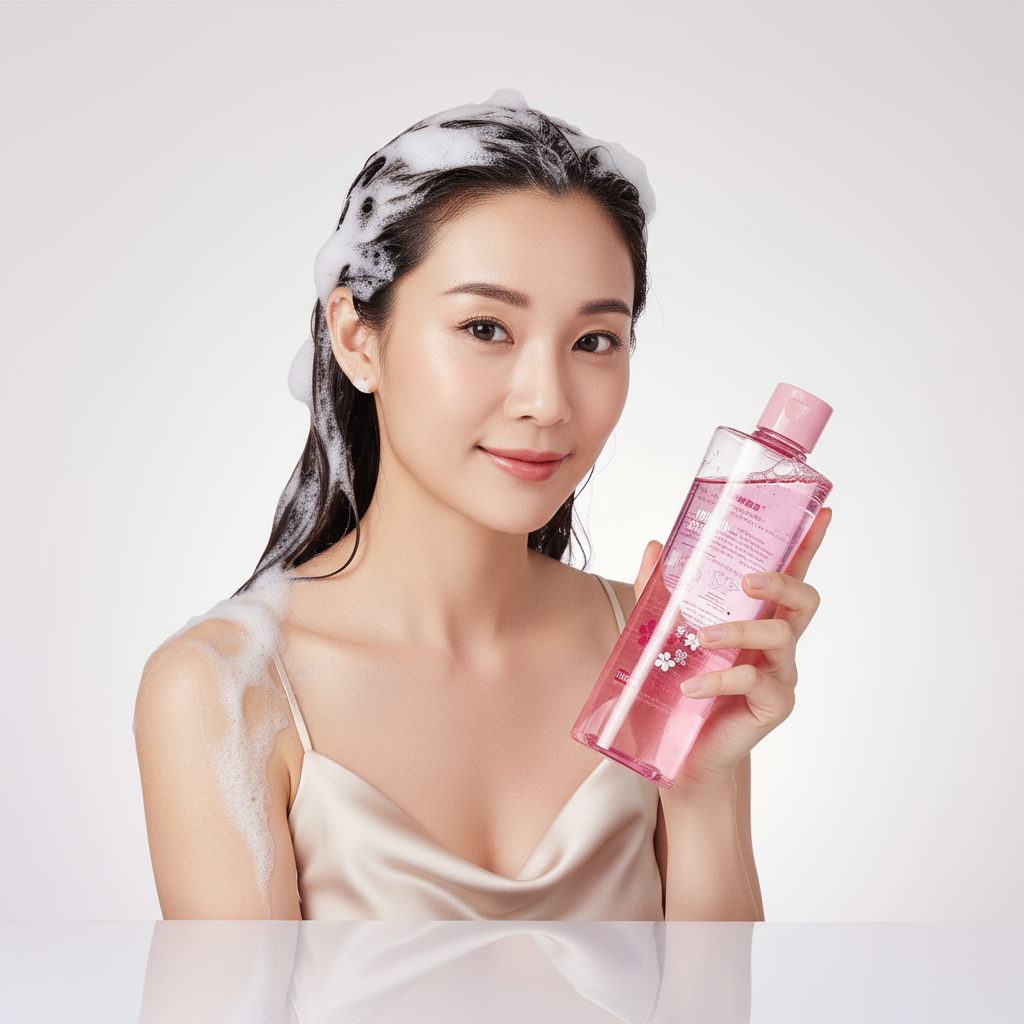 Woman holding sakura shampoo bottle
