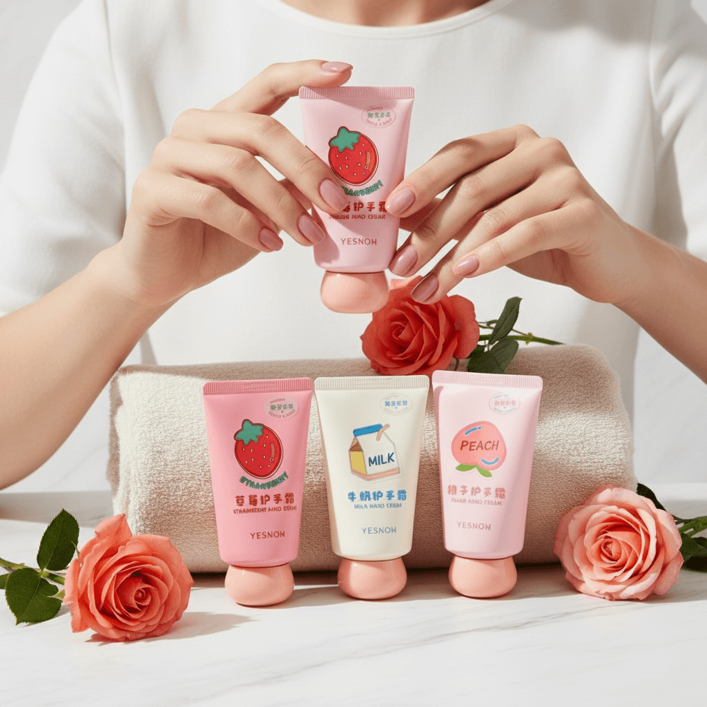 Woman Holding Strawberry Cream at Chest Level