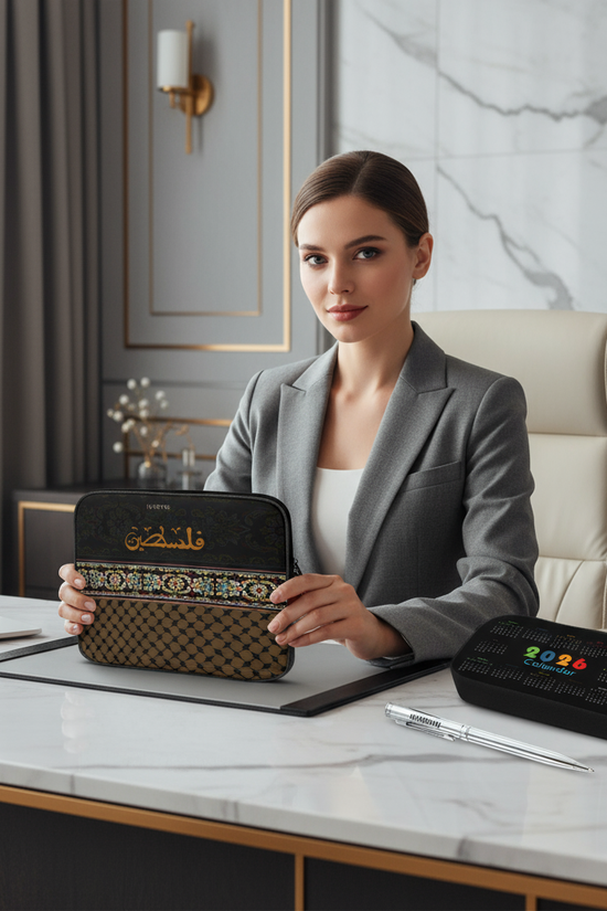 Woman holding tablet sleeve in luxurious office - front view