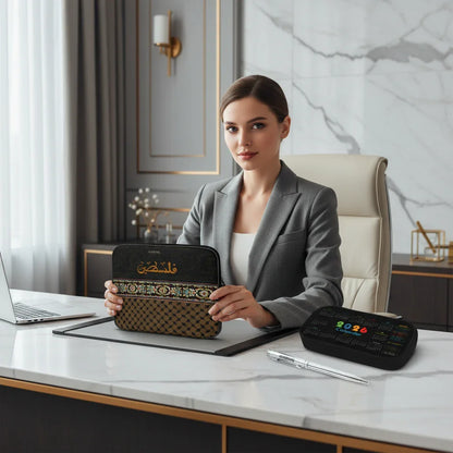Woman holding tablet sleeve in luxurious office - front view