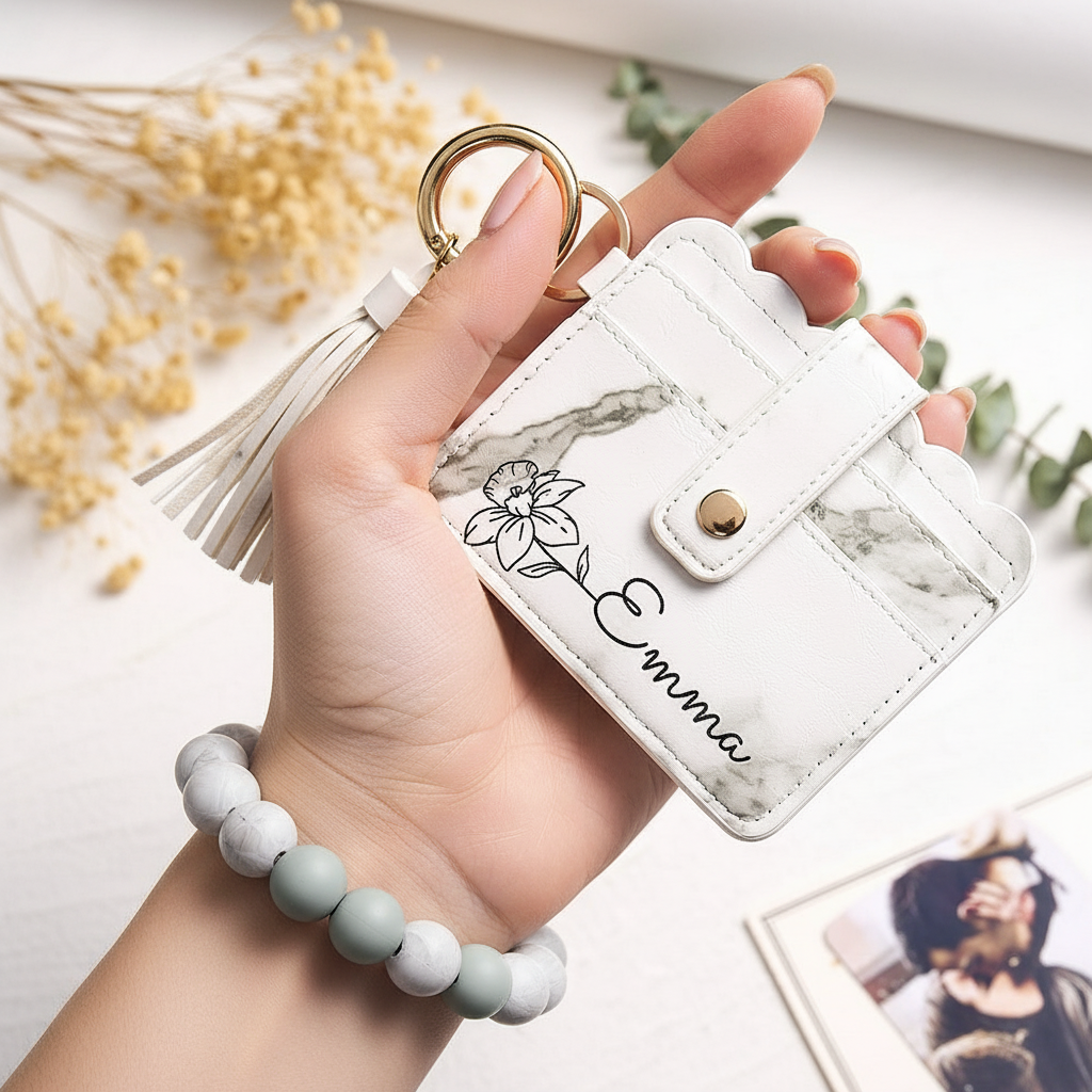 Woman holding white marble wallet